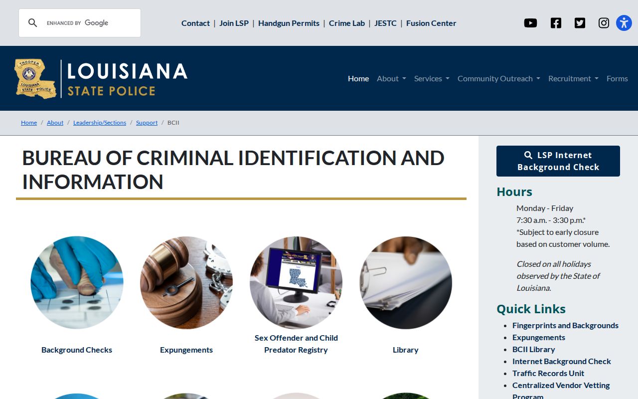 Louisiana State Police BCII criminal history services