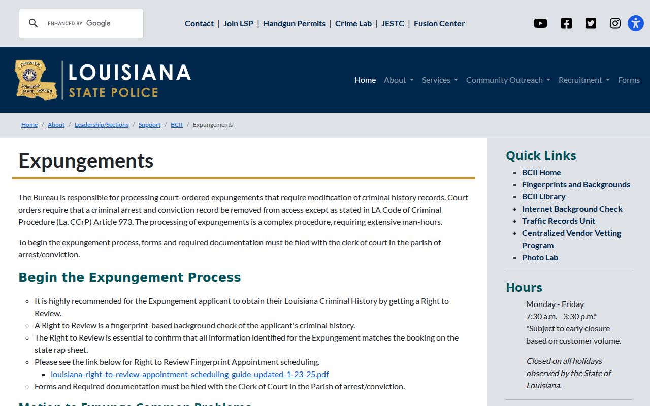 Louisiana criminal history expungement instructions from State Police BCII