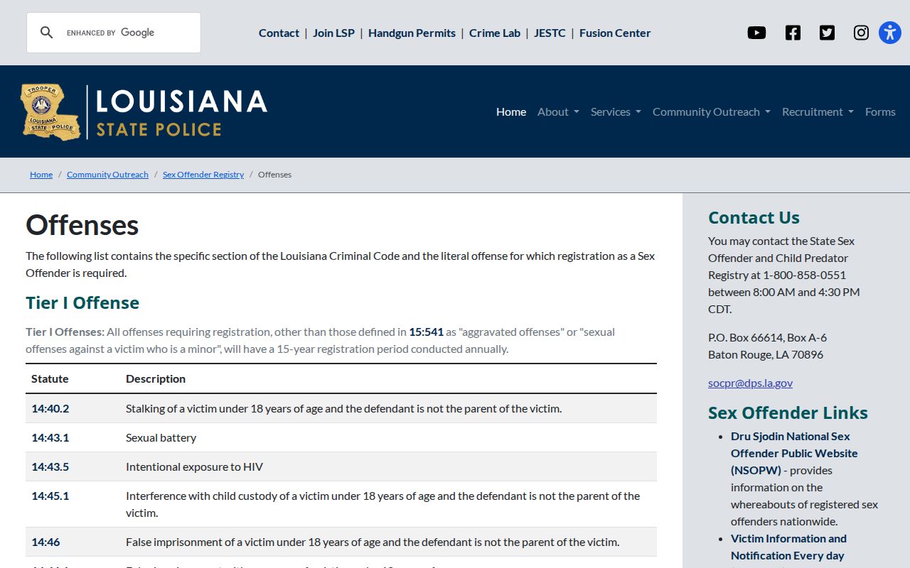 Louisiana sex offender registry tiers and offenses